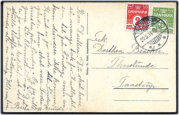 2 øre Bogtryk og 5 øre Stålstik Bølgelinie på lokalt brevkort annulleret med brotype Ic Taastrup d. 20.6.1931.