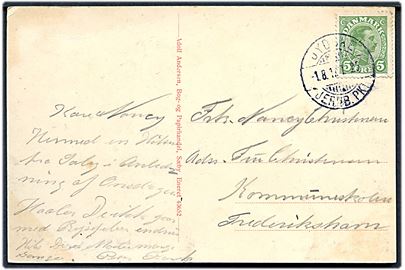 5 øre Chr. X på brevkort fra Sæby annulleret med reserve bureaustempel Jydske Jernb.PKT. T.25 d. 1.8.1917 til Frederikshavn. Reservestemplet (R1 eller R2) benyttet på strækningen Aalborg-Sæby-Frederikshavn. Tog-nr. og anvendelse ikke registreret i 1917 jf. Hovard.