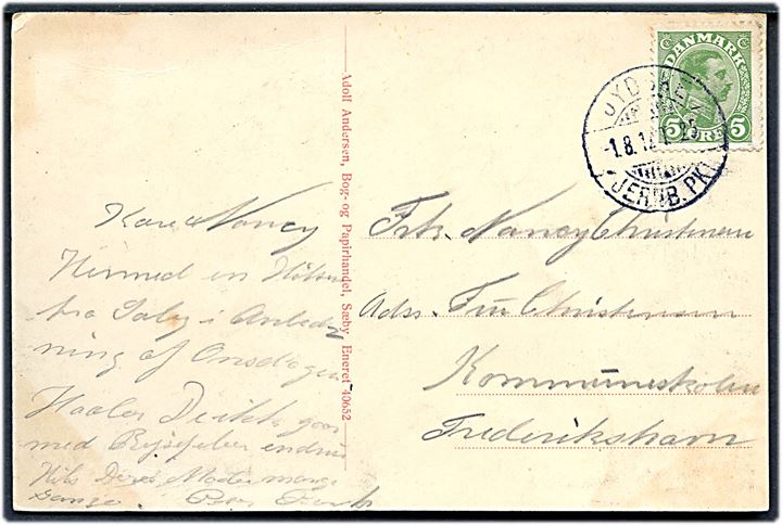 5 øre Chr. X på brevkort fra Sæby annulleret med reserve bureaustempel Jydske Jernb.PKT. T.25 d. 1.8.1917 til Frederikshavn. Reservestemplet (R1 eller R2) benyttet på strækningen Aalborg-Sæby-Frederikshavn. Tog-nr. og anvendelse ikke registreret i 1917 jf. Hovard.