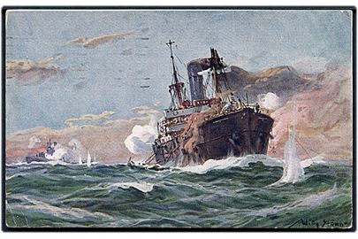 Willy Stöwer: Tysk ubåd i kamp med bevæbnet fragtskib. Anvendt som feltpost 1917.