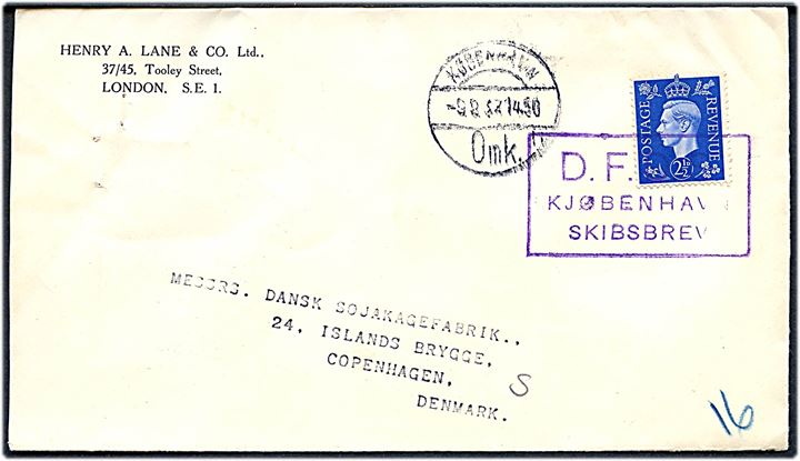 2½d George VI på skibsbrev fra London annulleret med rammestempel D.F.D.S. Kjøbenhavn Skibsbrev og sidestemplet København Omk. d. 9.8.1937 til København, Danmark.