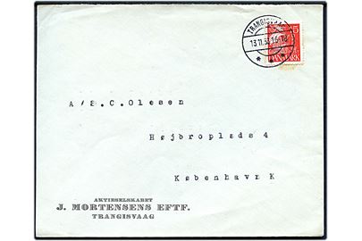 15 øre Karavel på brev annulleret med tydeligt brotype IIc Trangisvaag d. 13.11.1933 til København.
