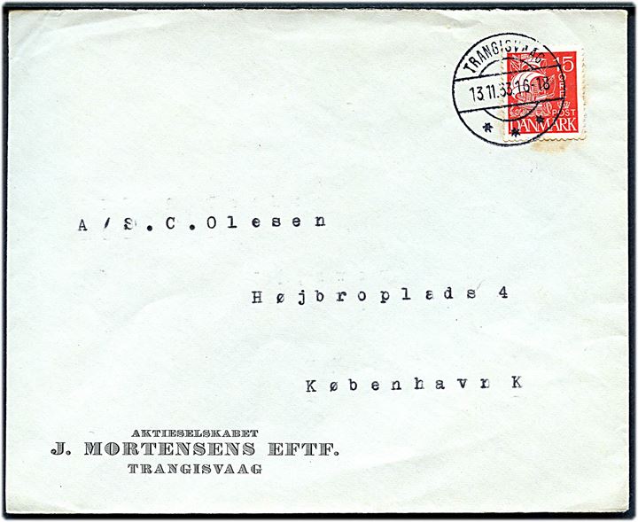 15 øre Karavel på brev annulleret med tydeligt brotype IIc Trangisvaag d. 13.11.1933 til København.