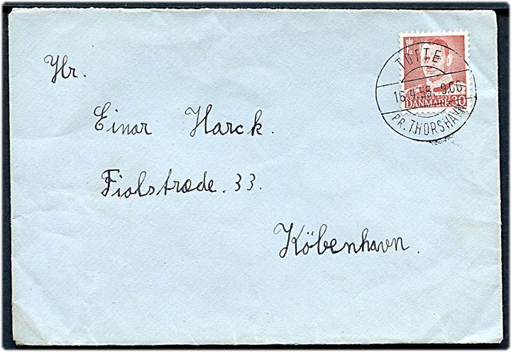 30 øre Fr. IX på brev annulleret med tydeligt pr.-stempel Tofte pr. Thorshavn d. 16.4.1955 til København.