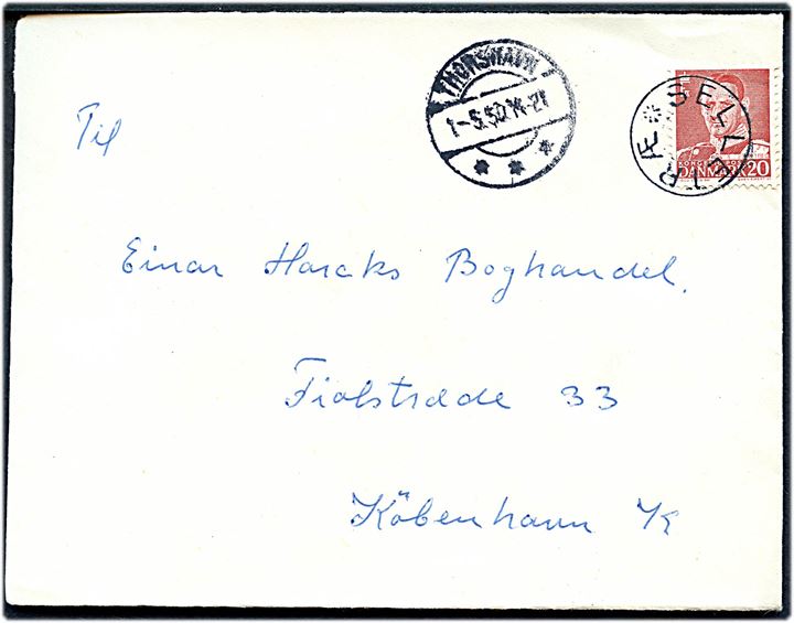 20 øre Fr. IX på brev annulleret med udslebet stjernestempel SELLETRÆ og sidestemplet Thorshavn d. 1.5.1950 til København.