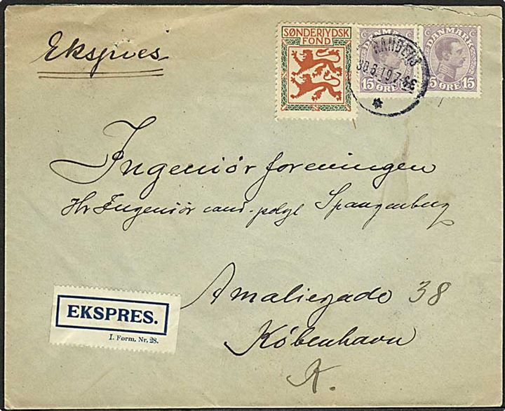 15 øre Chr. X (2) og Sønderjydsk Fond på ekspresbrev fra Randers d. 30.6.1919 til København.