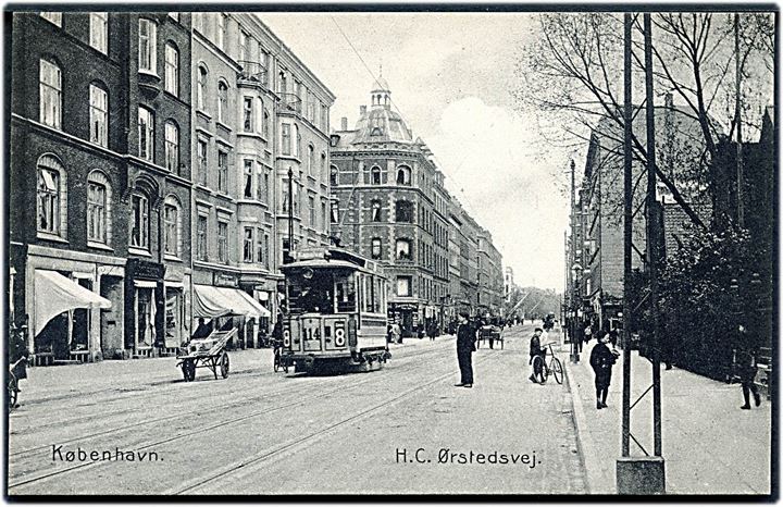 København, H.C. Ørstedsvej med sporvogn linie 8, vogn nr. 114. Stenders no. 3115.