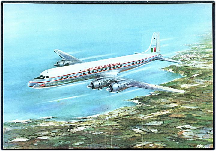 Douglas DC-6 fra Società Aerea Mediterranea. Reklamekort.