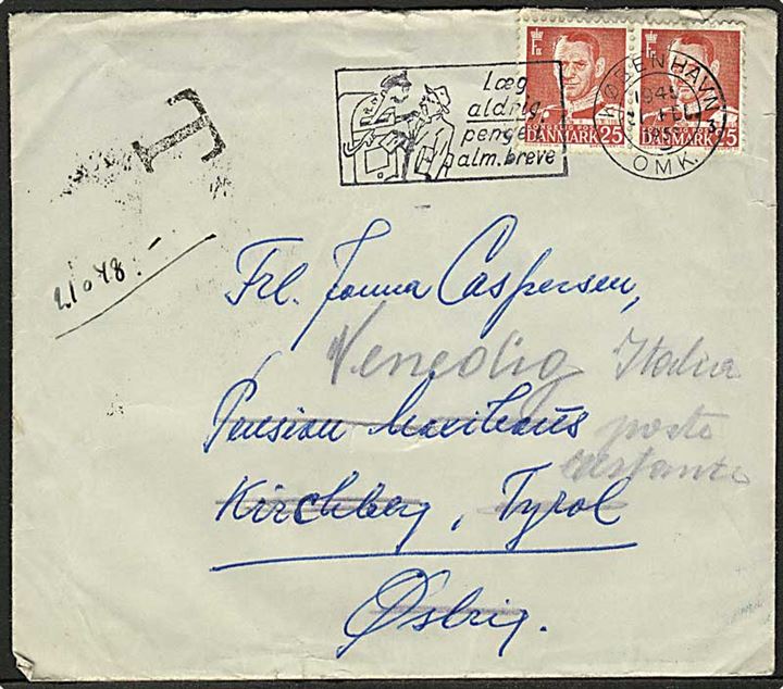25 øre Fr. IX i parstykke på underfrankeret brev fra København d. 21.2.1951 til Kirchberg, Østrig - eftersendt til Venedig, Italien.