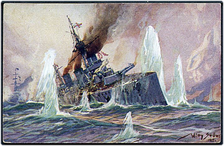 Willy Stöwer: Britisk slagkrydser beskydes at tyske krydsere i Nordsøen d. 24.1.1915.
