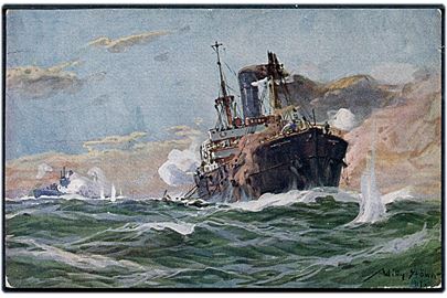 Willy Stöwer: Tysk ubåd i kamp med bevæbnet britisk handelsskib.