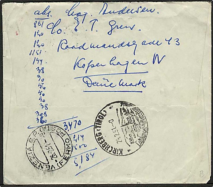 25 øre Fr. IX i parstykke på underfrankeret brev fra København d. 21.2.1951 til Kirchberg, Østrig - eftersendt til Venedig, Italien.