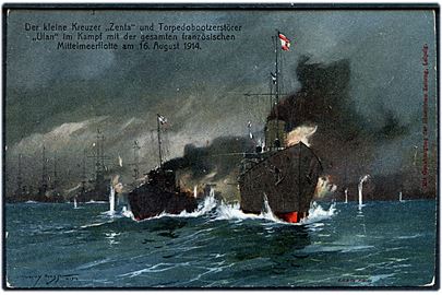 Harry Heusser: Krydseren Zenta og torpedobåd Ulan i kamp med den franske middelhavsflåde d. 16.8.1914. Sendt som marinepost med stempel Kais. Deutsche Marineschiffspost No. 87 (= SMS Grosser Kurfürst) d. 17.12.1914 til Berlin.