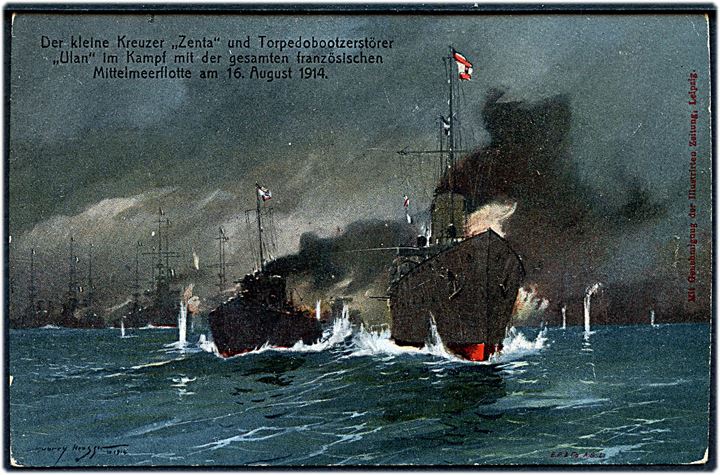 Harry Heusser: Krydseren Zenta og torpedobåd Ulan i kamp med den franske middelhavsflåde d. 16.8.1914. Sendt som marinepost med stempel Kais. Deutsche Marineschiffspost No. 87 (= SMS Grosser Kurfürst) d. 17.12.1914 til Berlin.