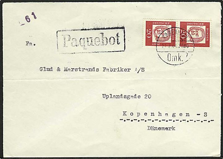 Tysk 20 pfg. i parstykke på skibsbrev fra Hamburg stemplet København d. 24.2.1964 og sidestemplet Paquebot til København. 