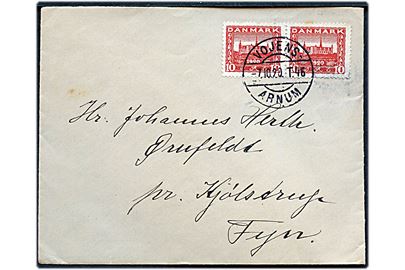 10 øre Genforening i parstykke på brev annulleret med smukt bureaustempel Vojens - Arnum T.46 d. 7.10.1920 til Ørnfeldt pr. Kjølstrup, Fyn.