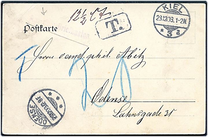 Ufrankeret brevkort fra Kiel d. 28.12.1903 med svagt liniestempel Aus dem Briefkasten og T-stempel til Odense, Danmark. Påskrevet 12½ cts og udtakseret i 20 øre dansk porto.