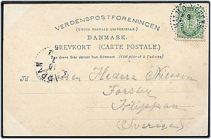 5 øre Våben på brevkort (Roskilde Domkirke) dateret ombord på ångare från Köpenhamn annulleret med sjældent svensk sejlende bureaustempel Malmö - Köpenh. d. 9.7.1902 til Klippan, Sverige.