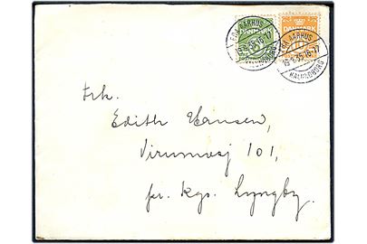 5 øre og 10 øre Bølgelinie på brev fra Kolby, Samsø annulleret med brotype IIc skibsstempel Fra Aarhus Kalundborg d. 19.4.1935 til Lyngby.
