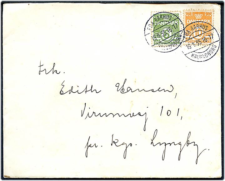 5 øre og 10 øre Bølgelinie på brev fra Kolby, Samsø annulleret med brotype IIc skibsstempel Fra Aarhus Kalundborg d. 19.4.1935 til Lyngby.