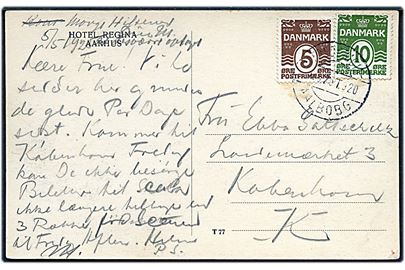 5 øre og 10 øre Bølgelinie på brevkort fra Aarhus annulleret med fejlgraveret bureaustempel Fredericia - Aalbobg T.920 d. 6.5.1925 til København. Stemplet med fejlgravering: AALBOBG for AALBORG blev lejlighedsvis benyttet i årene 1920-35.