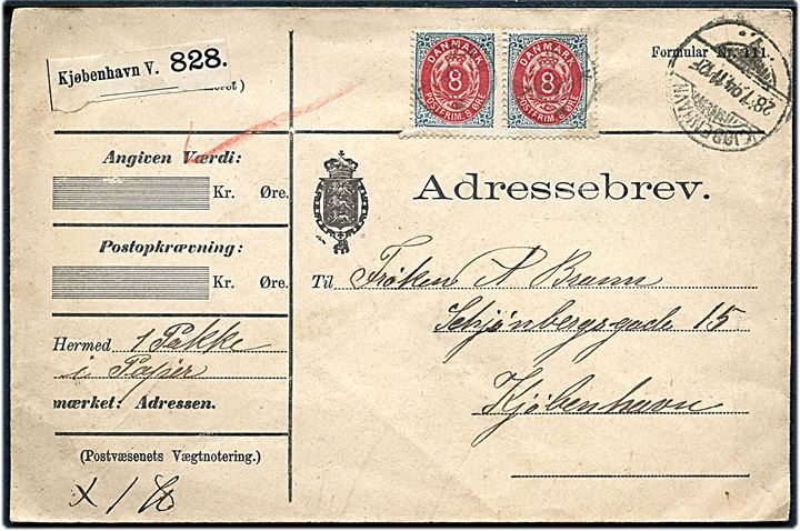 8 øre Tofarvet ret og omv. rm. i tête-bêche parstykke på adressebrev for pakke annulleret med stjernestempel VEDBÆK og sidestemplet Kjøbenhavn V. d. 28.7.1894 til Kjøbenhavn.