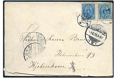 4 øre Tofarvet (2) på brev annulleret med stjernestempel VEDBÆK og sidestemplet Kjøbenhavn V. d. 1.6.1895 til København.