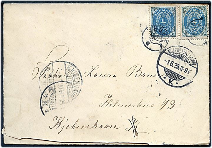 4 øre Tofarvet (2) på brev annulleret med stjernestempel VEDBÆK og sidestemplet Kjøbenhavn V. d. 1.6.1895 til København.