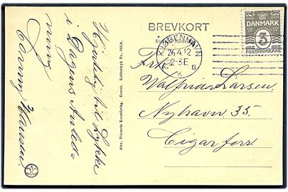 3 øre Bølgelinie på lokalt brevkort annulleret med Universal forsøgsstempel Kjøbenhavn KKB d. 26.4.1912.