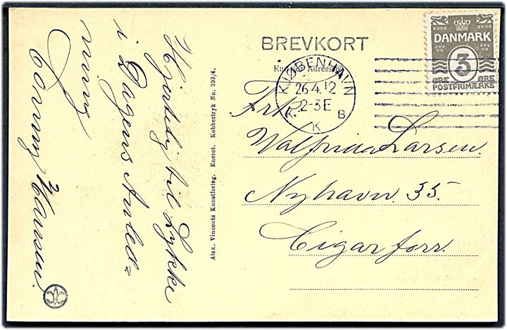 3 øre Bølgelinie på lokalt brevkort annulleret med Universal forsøgsstempel Kjøbenhavn KKB d. 26.4.1912.