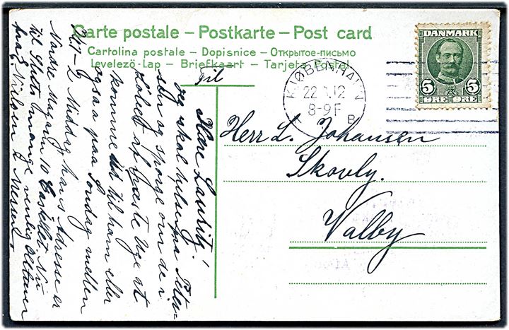 5 øre Fr. VIII på brevkort annulleret med Universal forsøgsstempel Kjøbenhavn KKB d. 22.8.1912 til Valby.