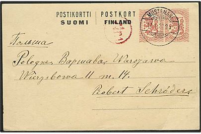 10+10 pen. provisorisk helsagsbrevkort fra Mustamäki d. 17.1.1920 til Warszawa, Polen. Polsk censur: Wr.1