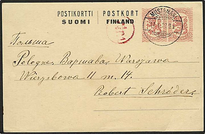 10+10 pen. provisorisk helsagsbrevkort fra Mustamäki d. 17.1.1920 til Warszawa, Polen. Polsk censur: Wr.1