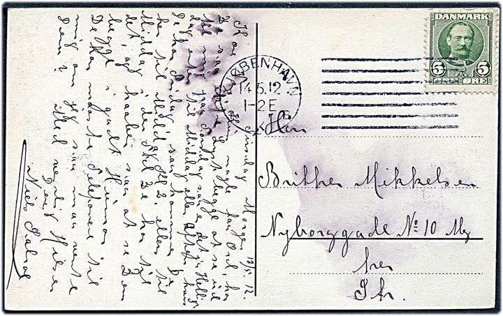 5 øre Fr. VIII (mgl. hj.tak) på brevkort annulleret med Universal forsøgsstempel Kjøbenhavn KKB d. 14.5.1912.