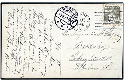 3 øre Bølgelinie på lokalt brevkort (Malmøfærgen med jernbanevogn) annulleret med Universal forsøgsstempel Kjøbenhavn KKB d. 15.8.1912 til Søborg.