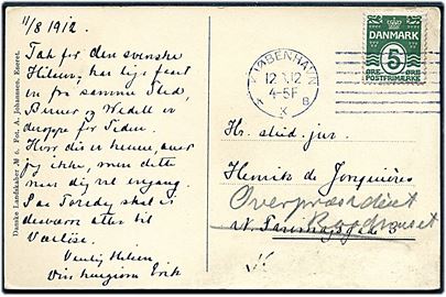 5 øre Bølgelinie på lokalt brevkort annulleret med Universal forsøgsstempel KJøbenhavn KKB d. 12.8.1912.
