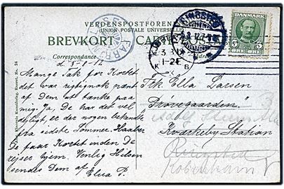 5 øre Fr. VIII på brevkort annulleret med Universal forsøgsstempel Kjøbenhavn KKB d. 3.8.1912 til Kværkeby - eftersendt til Ringsted med stjernestempel FARRINGLØSE og sidestemplet Ringsted d. 5.8.1912.