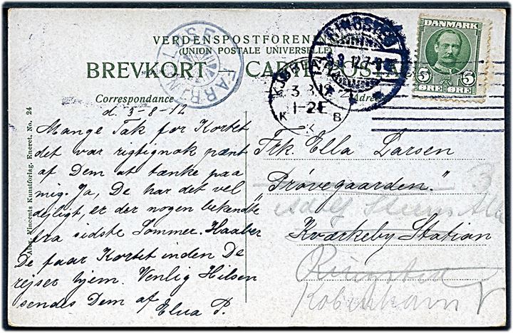 5 øre Fr. VIII på brevkort annulleret med Universal forsøgsstempel Kjøbenhavn KKB d. 3.8.1912 til Kværkeby - eftersendt til Ringsted med stjernestempel FARRINGLØSE og sidestemplet Ringsted d. 5.8.1912.