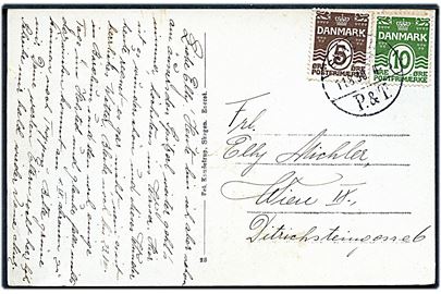 5 øre og 10 øre Bølgelinie på brevkort (Badehotellet på Grenen) annulleret med brotype Vc Skagen P. & T. d. 11.8.1930 til Wien, Østrig.