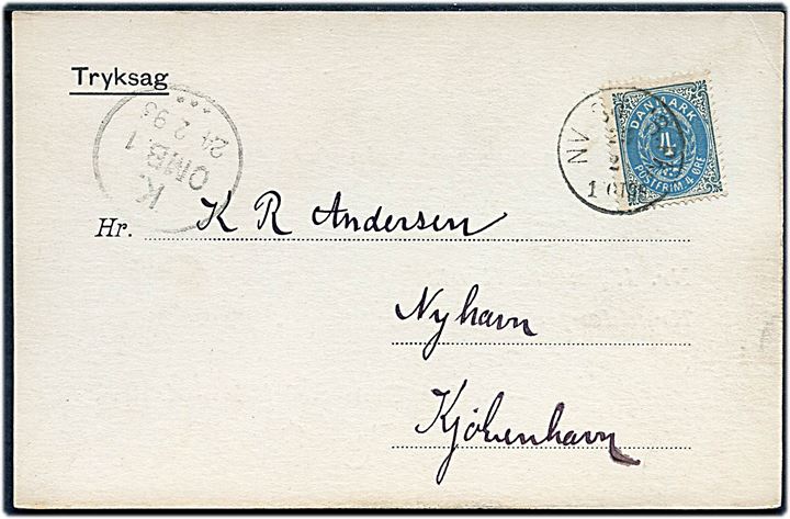 4 øre Tofarvet på tryksagskort fra Holbæk Amts Andels-Svineslagteri annulleret med lapidar bureaustempel NV. SJ. JB.PK. d. 23.2.1893 til Kjøbenhavn.