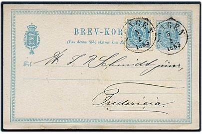 4 øre helsagsbrevkort opfrankeret med 4 øre Tofarvet annulleret med lapidar Skagen d. 5.2.1885 til Fredericia.