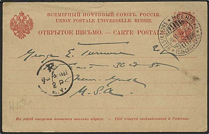 4 kop. Våben med ringe helsagsbrevkort fra Helsingfors d. 20.6.1901 til New York, USA.