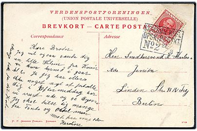 10 øre Fr. VIII på brevkort (Korsør set fra vandtårnet) annulleret med dampskibsstempel Korsør-Kiel DPSK:POSTKT: No. 2 d. 20.3.190x til Berlin, Tyskland.