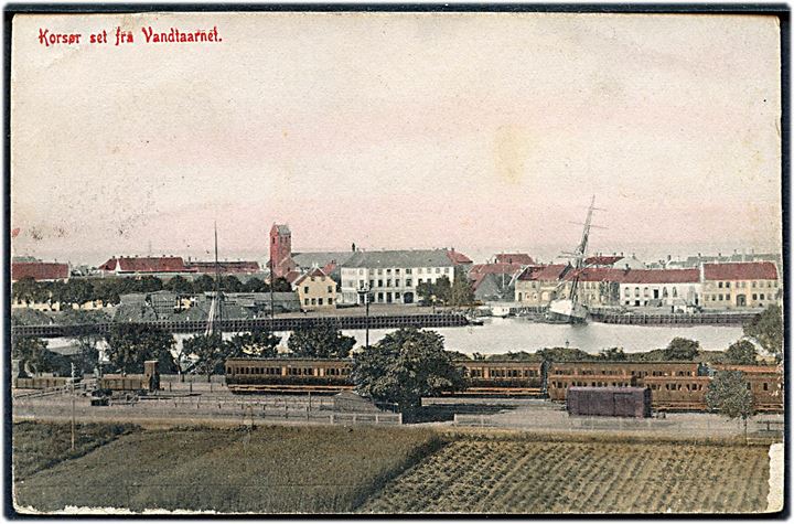 10 øre Fr. VIII på brevkort (Korsør set fra vandtårnet) annulleret med dampskibsstempel Korsør-Kiel DPSK:POSTKT: No. 2 d. 20.3.190x til Berlin, Tyskland.
