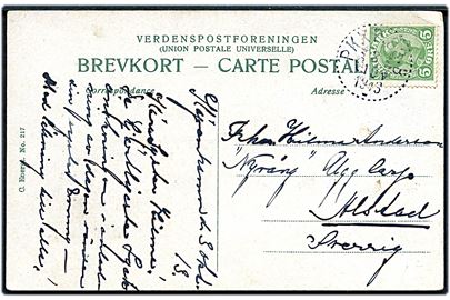 5 øre Chr. X på brevkort dateret i Kjøbenhavn  d. 3.10.1913 annulleret med svensk bureaustempel PKXP 83B d. 3.10.1913 til Alstad, Sverige. Bureaustempel PKXP 83B benyttet i svenske bureau Nässjö-Malmö-Köpenhamn. Tidlig anvendelse af Chr. X udg. som udkom d. 1.10.1913.