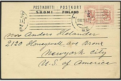 10+10 pen provisorisk helsagsbrevkort fra Åbo d. 19.12.1919 til New York, USA.