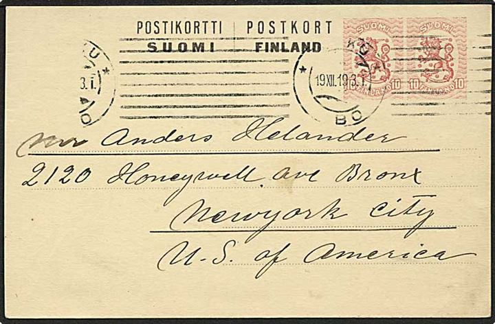 10+10 pen provisorisk helsagsbrevkort fra Åbo d. 19.12.1919 til New York, USA.