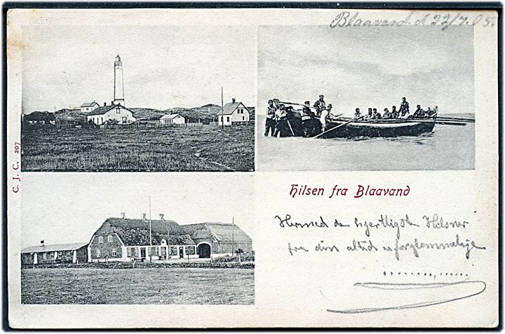 Blaavand, Hilsen fra med fyrtårn og regningsbåd. C.J.C. no. 207.