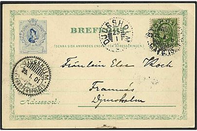 5 öre Oscar på Kronprinsesse Viktoria Bazar brevkort (Kronprinsessan Lovisas Vårdanstalt för sjuka Barn) stemplet Stockholm d. 25.1.1901 til Djursholm. Sidestemplet: Stockholm Bazaren i Arf-Furstenspalats d. 25.1.1901.