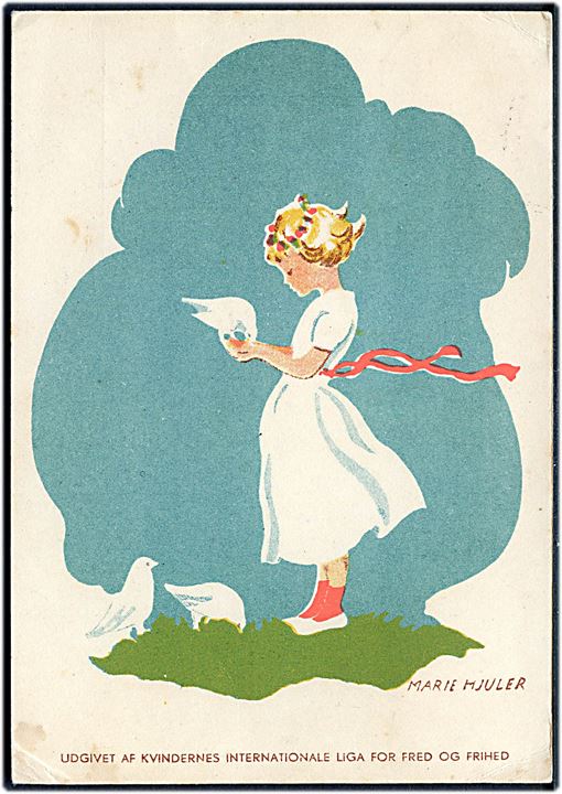 Marie Hjuler: Pige med duer. Udgivet af kvindernes Internationale Liga for Fred og Frihed. Anvendt som julekort 1944.